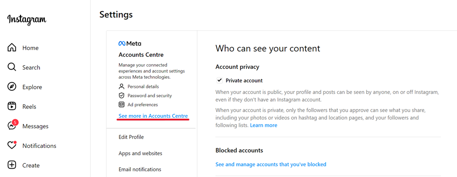Screenshot of your your Meta account settings to find See more in Accounts Centre when starting to delete Instagram account