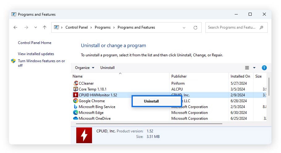 Screenshot of the Windows Programmes and Features > Uninstall.
