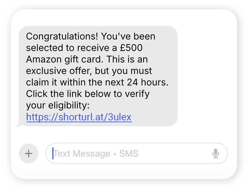 Screenshot of an Amazon prize scam text message.