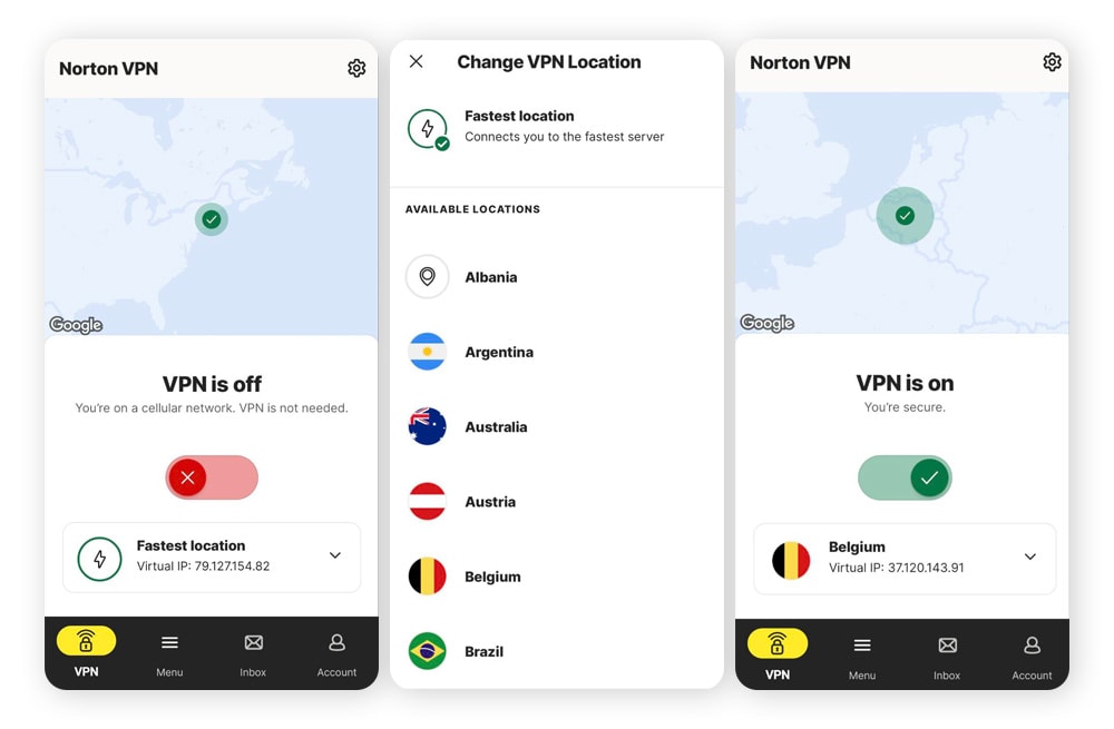 Three screenshots showing how to change your VPN location on the Norton VPN app for mobile.