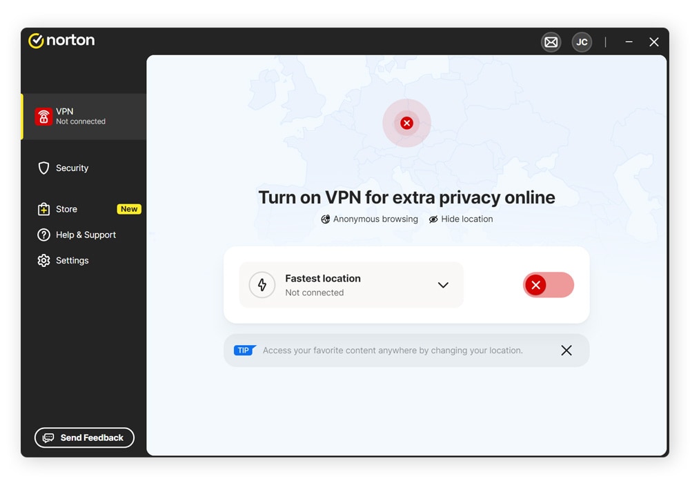 A screenshot showing the Norton VPN desktop app’s home page.