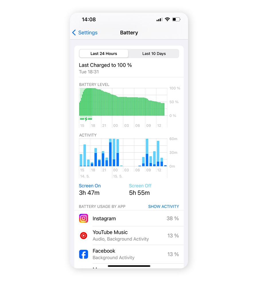 A screenshot from an iOS showing the battery consumption.