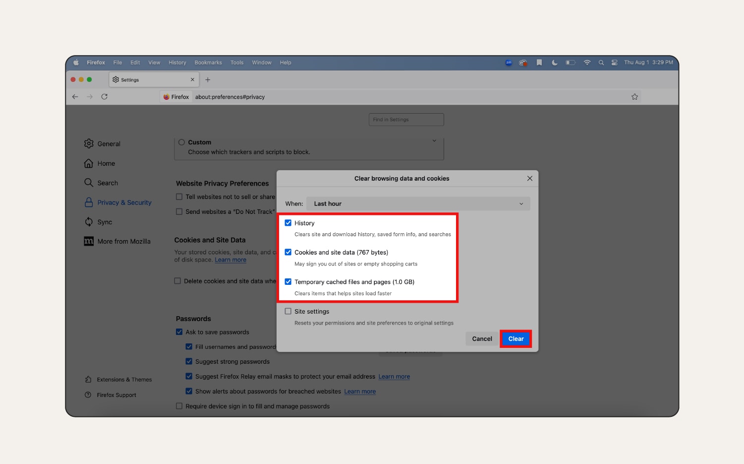 A screenshot showing how to empty cache and cookies in Firefox.