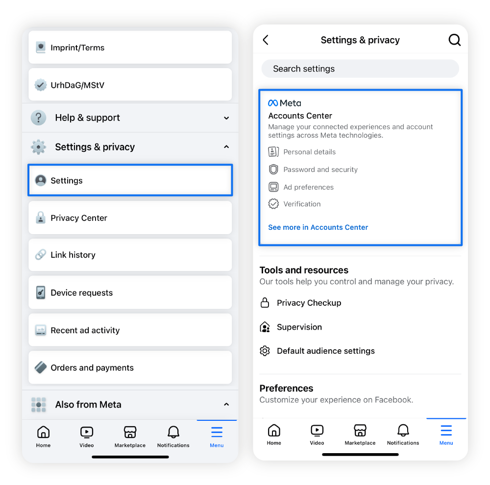 Screenshots of the Facebook menu highlighting Settings and Accounts Centre.