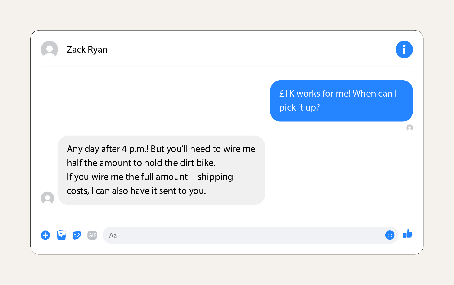 A screenshot showing a bank transfer scam message on Facebook Marketplace.
