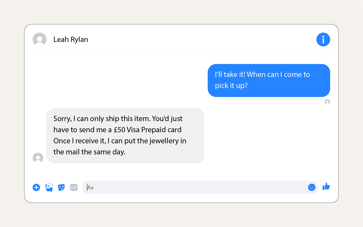 A screenshot showing a gift card scam message on Facebook Marketplace.