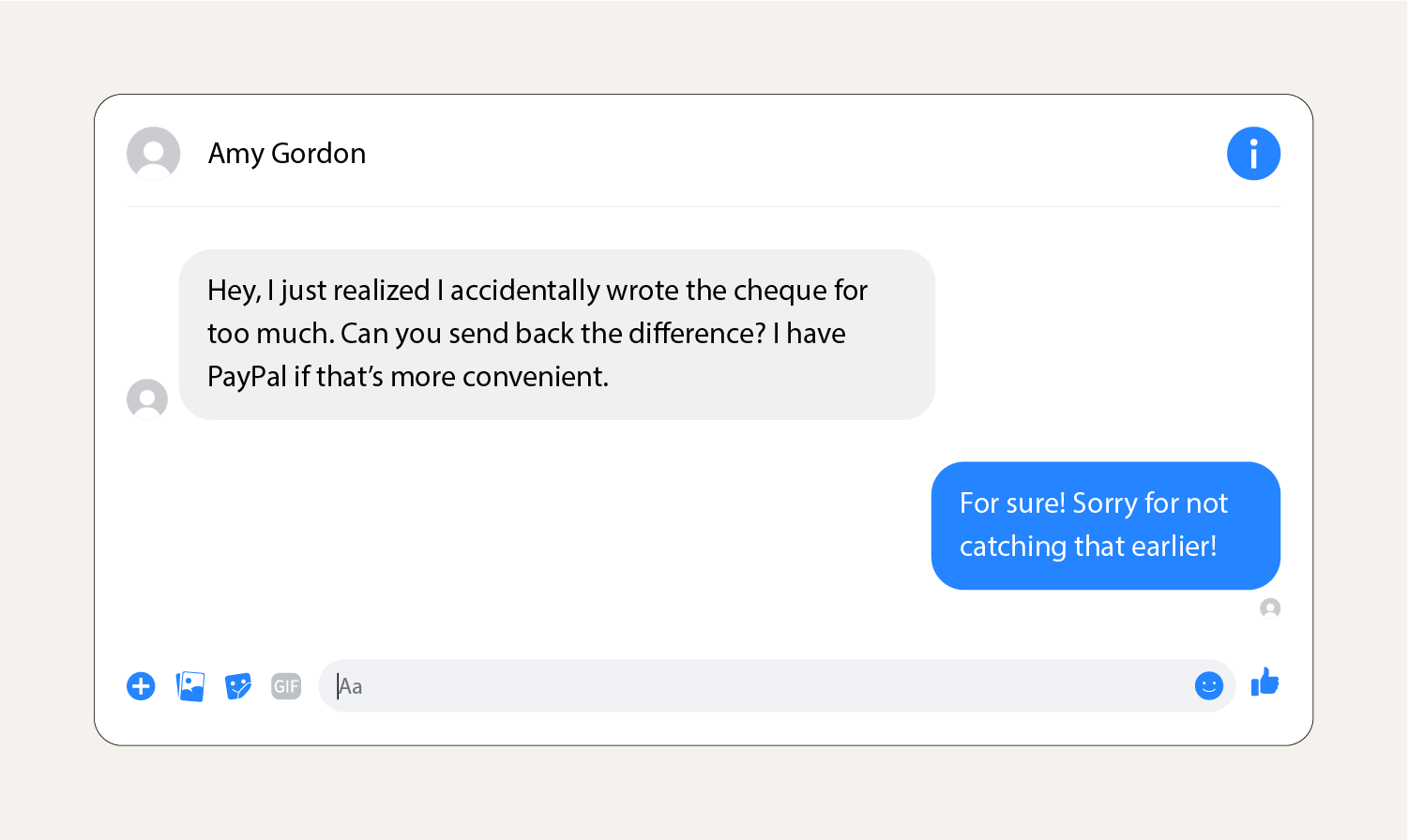 A screenshot showing an overpayment scam message on Facebook Marketplace.