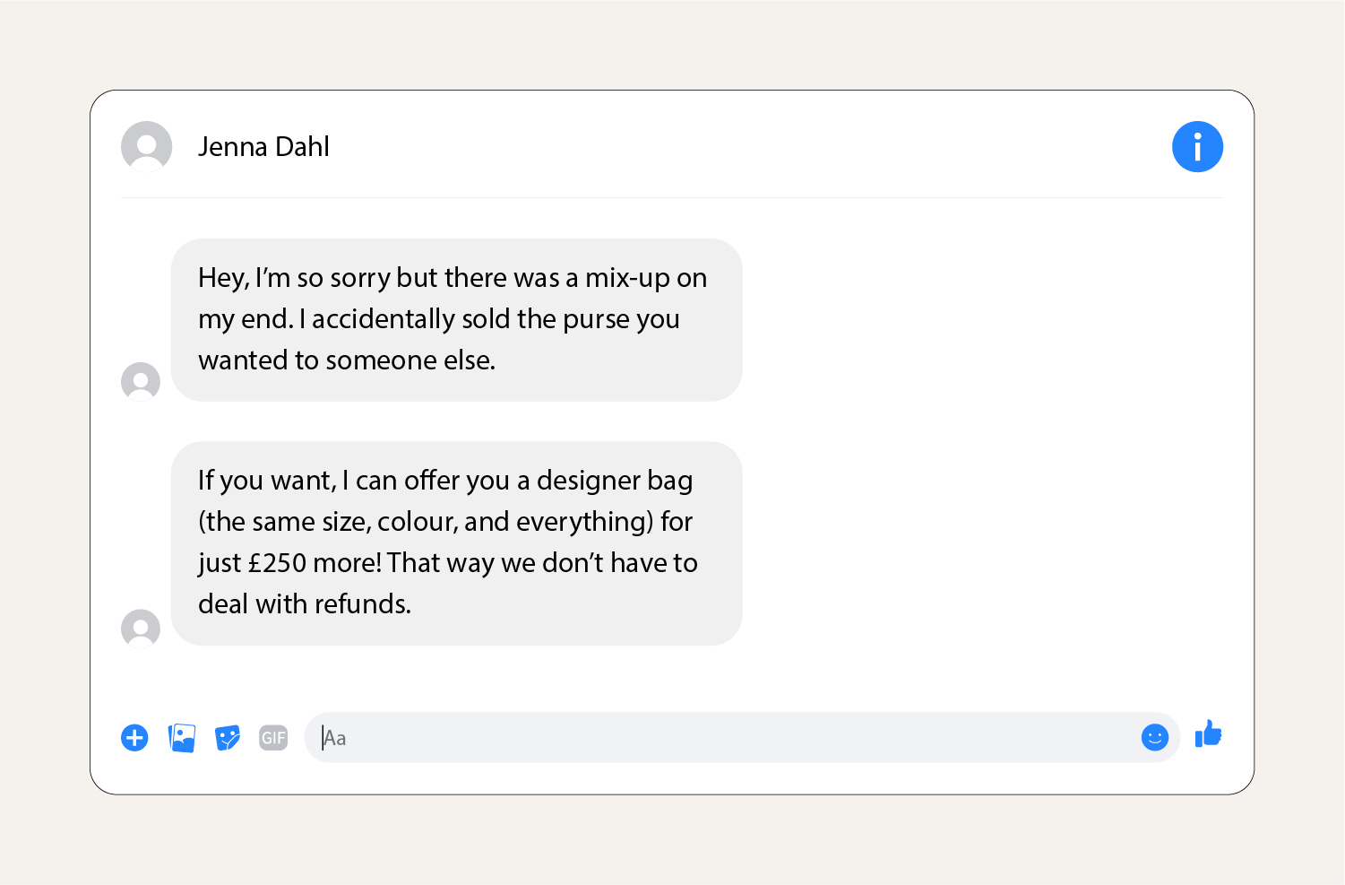 A screenshot showing a bait-and-switch scam message on Facebook Marketplace.