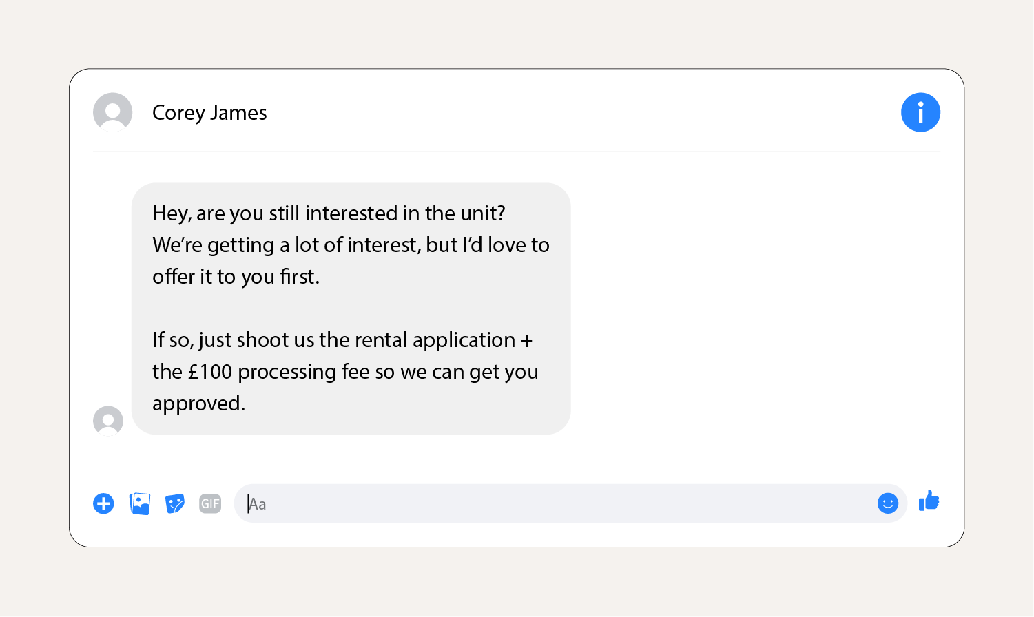 A screenshot showing a fake rental scam message on Facebook Marketplace.