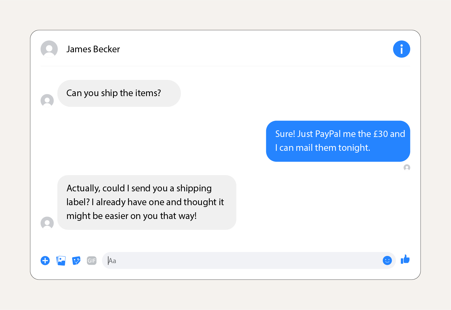 A screenshot showing a shipping scam message on Facebook Marketplace.