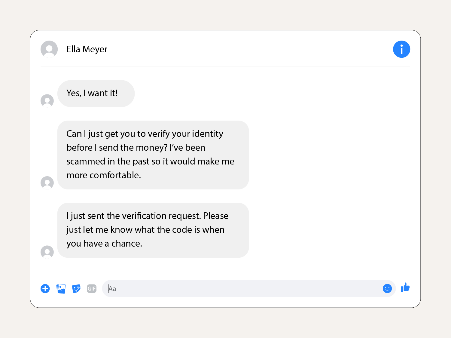 A screenshot showing a verification scam message on Facebook Marketplace.