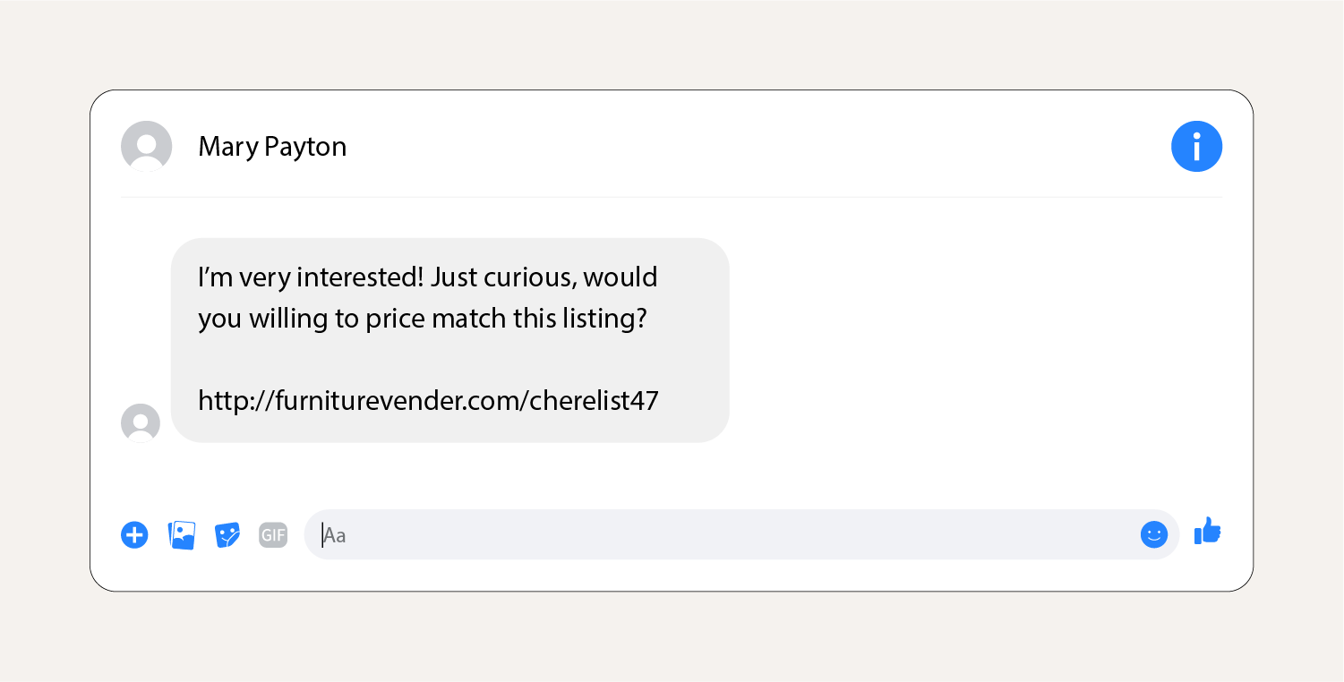 A screenshot showing a phishing scam message on Facebook Marketplace.