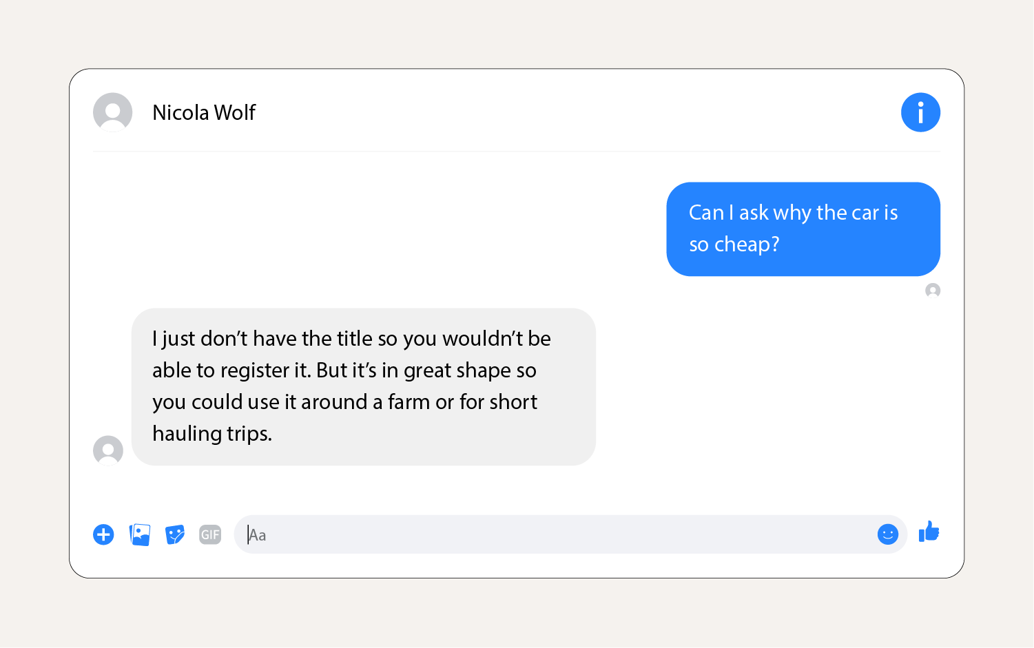 A screenshot showing a vehicle scam message on Facebook Marketplace.