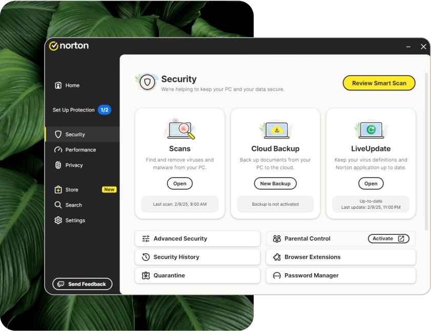 A screenshot showing the Norton AntiVirus Plus main dashboard UI.