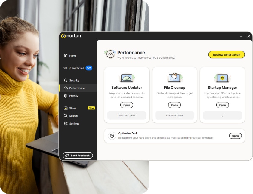 A screenshot of the Norton AntiVirus Plus performance dashboard.