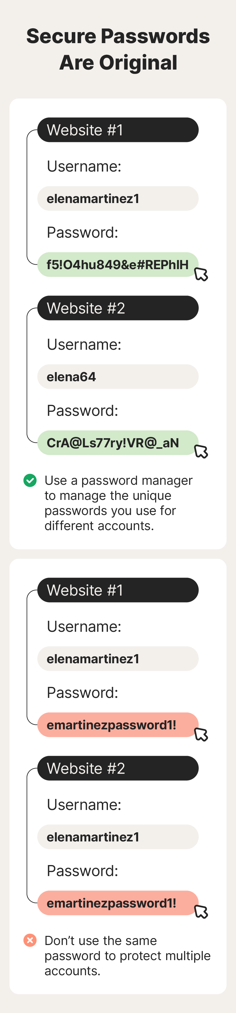 An example showing how you can use a password manager to protect and remember your unique and strong passwords.