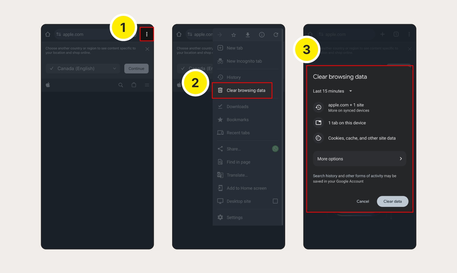 An image showing how to clear Chrome cookies on an Android device.