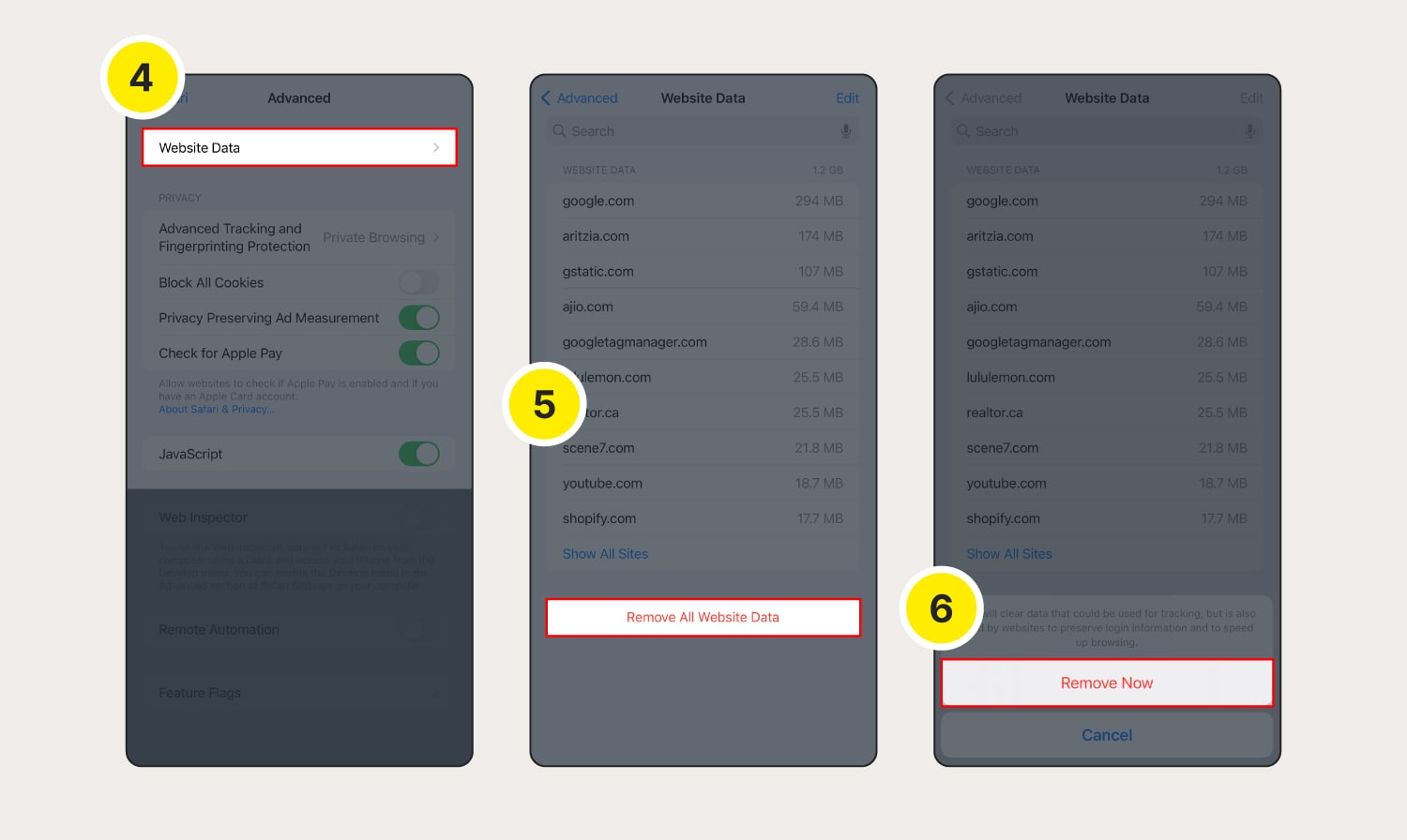 The final steps showing how to remove cookies on Safari on an iPhone or iPad (iOS).