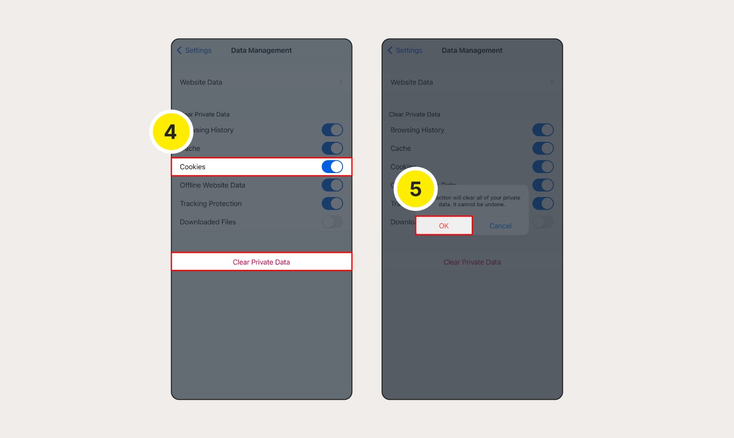 The final steps showing how to clear Firefox cookies on your iPhone or iPad (iOS).