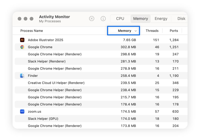 A screenshot showing how to sort applications by memory consumption through the Mac Activity Monitor.