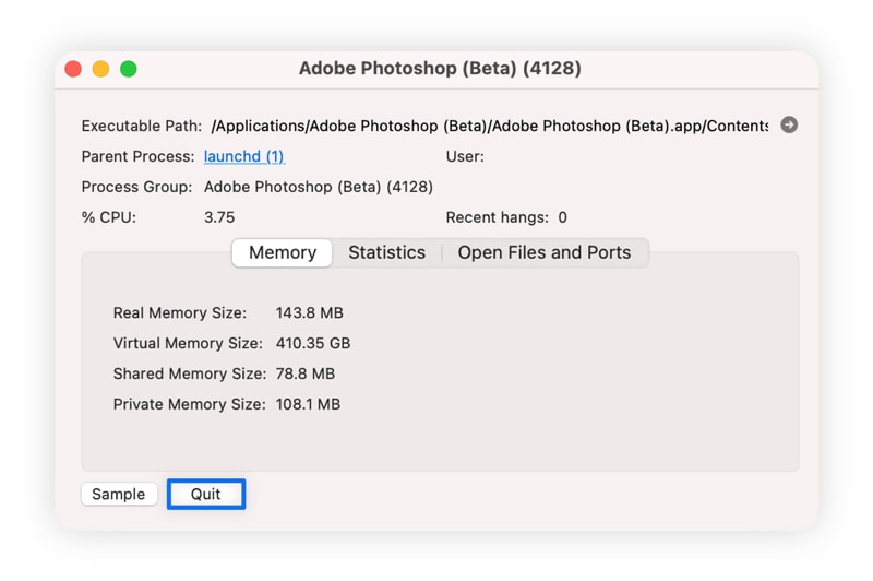 A screenshot showing how to quit programmes through the Mac Activity Monitor.