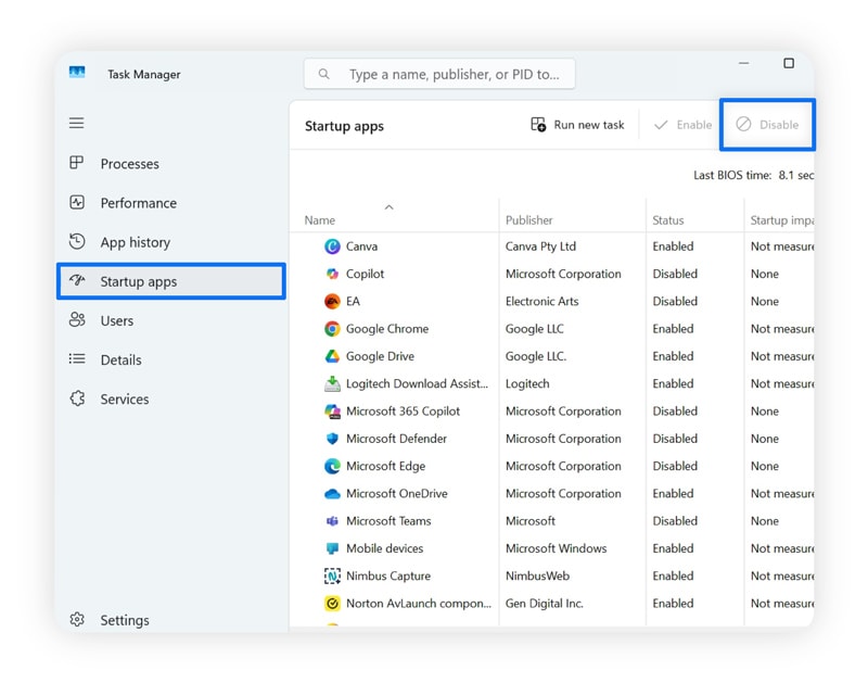 Screenshot showing how to disable startup programmes on a Windows computer.