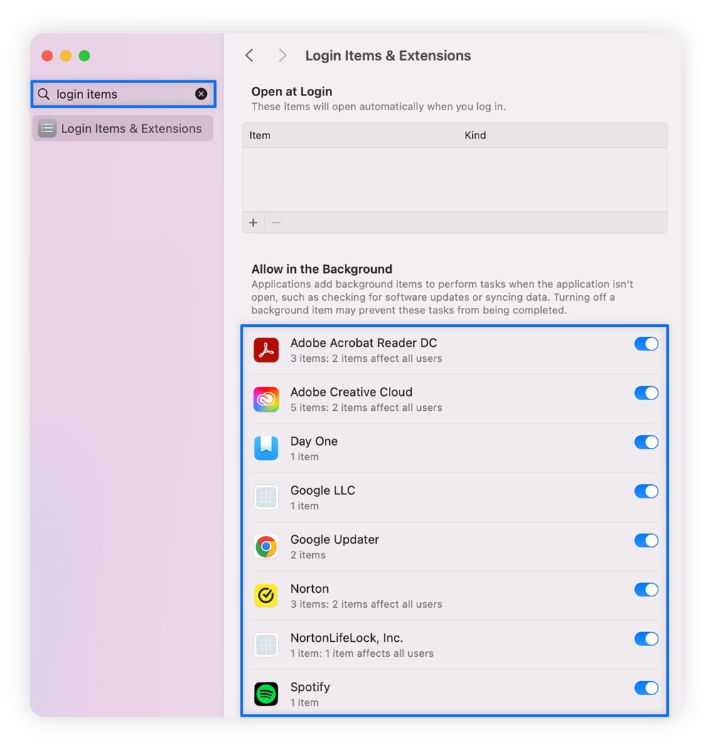 Screenshot showing how to disable startup programmes on a Mac computer.