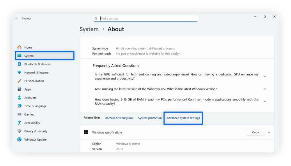 Screenshot showing where to find “Advanced system settings” on a Windows computer.