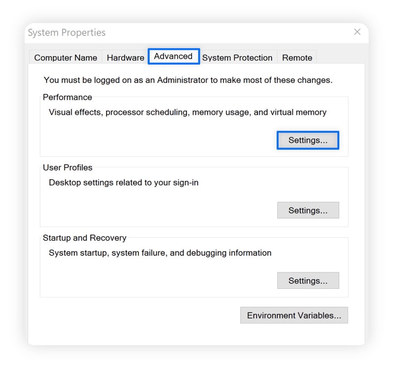 Screenshot showing where to access “Performance” settings.