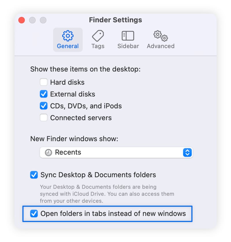 Screenshot showing how to open Finder folders in tabs to lower memory demand.