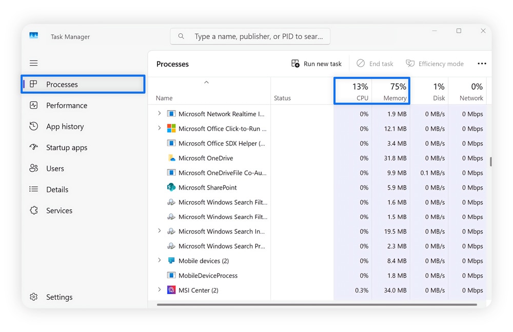 A screenshot of Task Manager showing how to find high-usage processes.