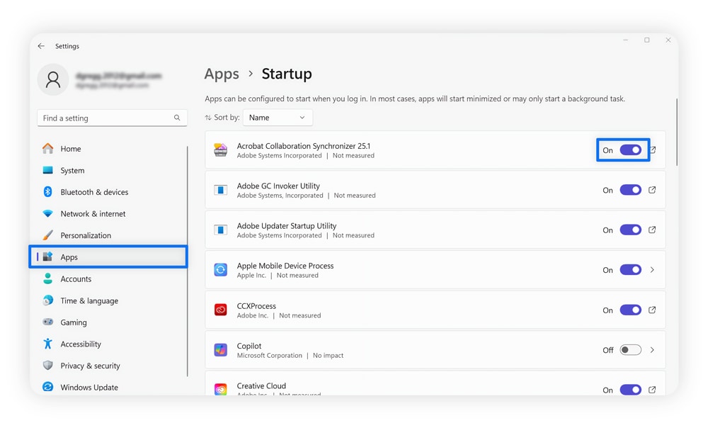 A screenshot of Apps Startup settings on Windows showing how to disable startup programmes.
