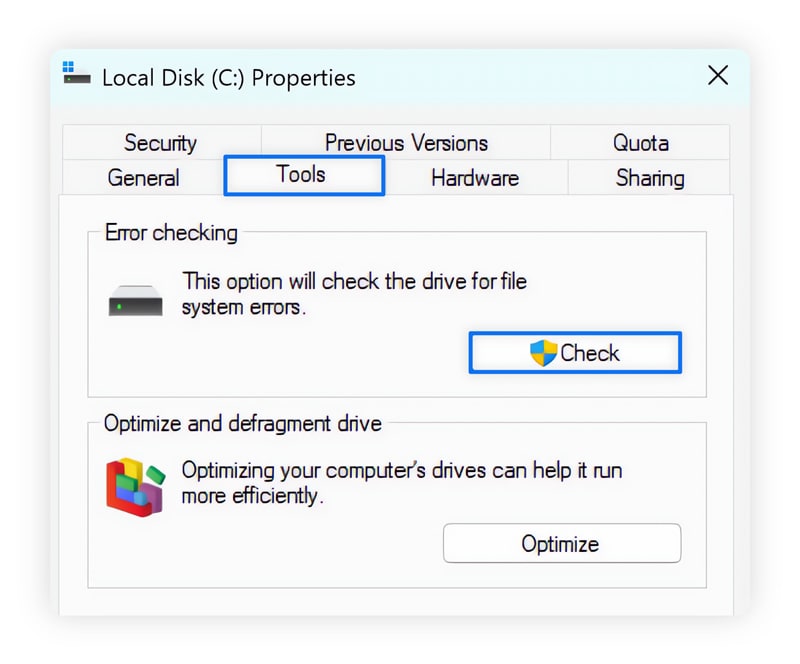 A screenshot showing you how to run CHKDSK from your Properties on Windows.