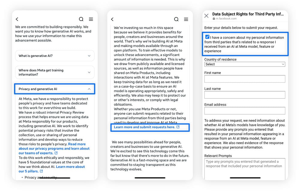 Screenshots of Meta’s AI privacy policy and opt-out form.