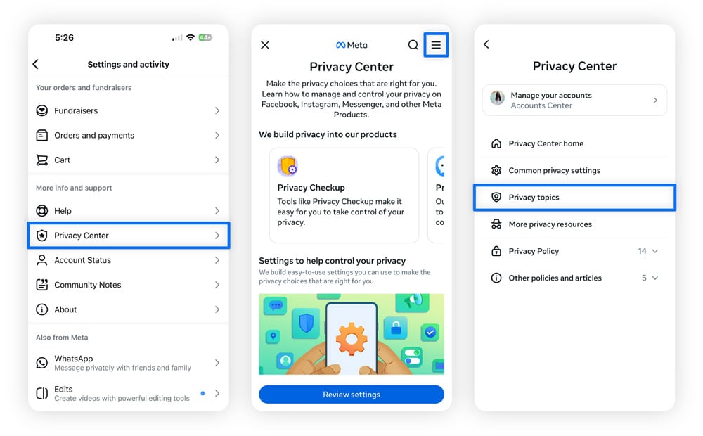 Screenshots showing how to opt out of Meta AI through the Instagram app’s settings.