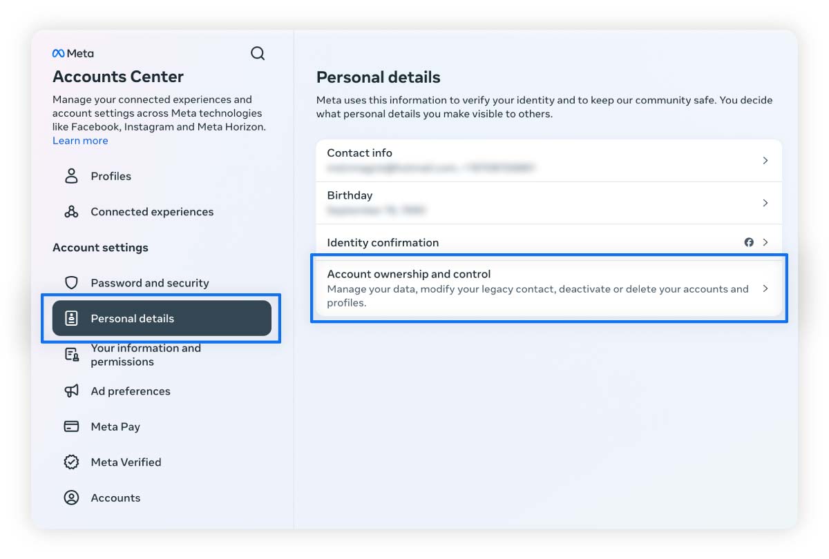 A screenshot of the Accounts Centre where you can access Account ownership and control to permanently delete your Instagram account.