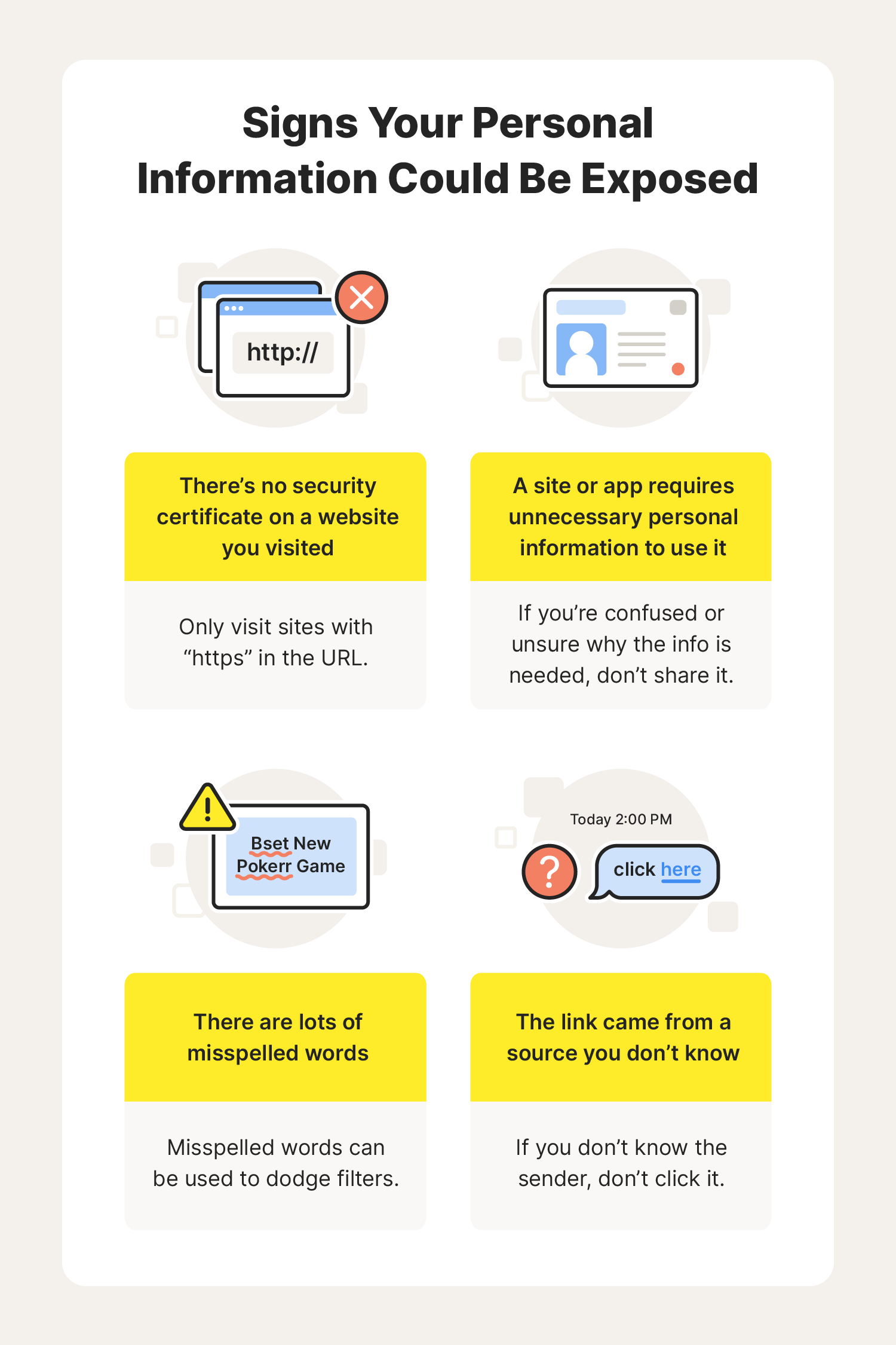 A graphic showcases warning signs that your information could be exposed, leading many to want to learn how to remove personal information from the internet