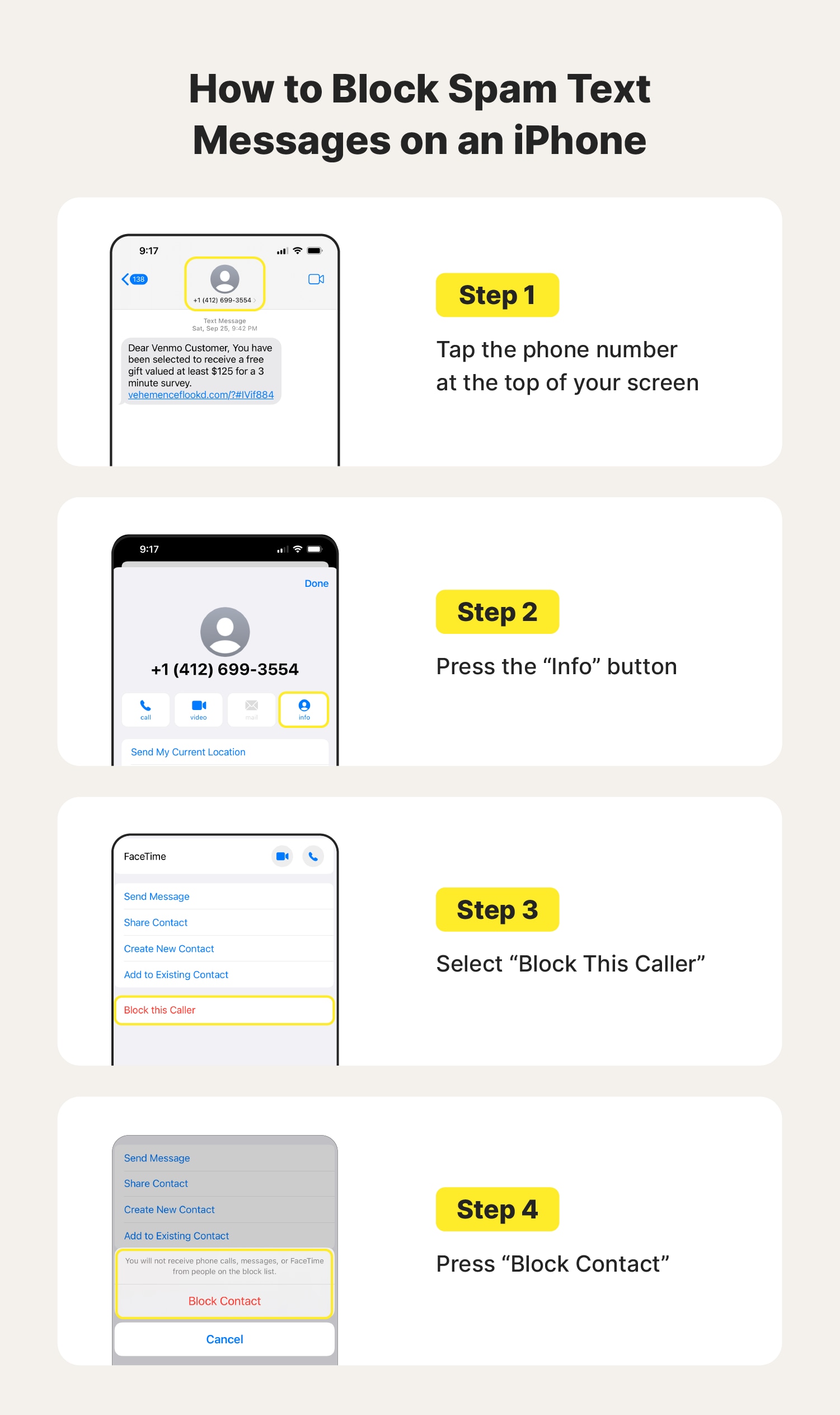 Step-by-step visual instructions on how to block spam text messages on an iPhone.