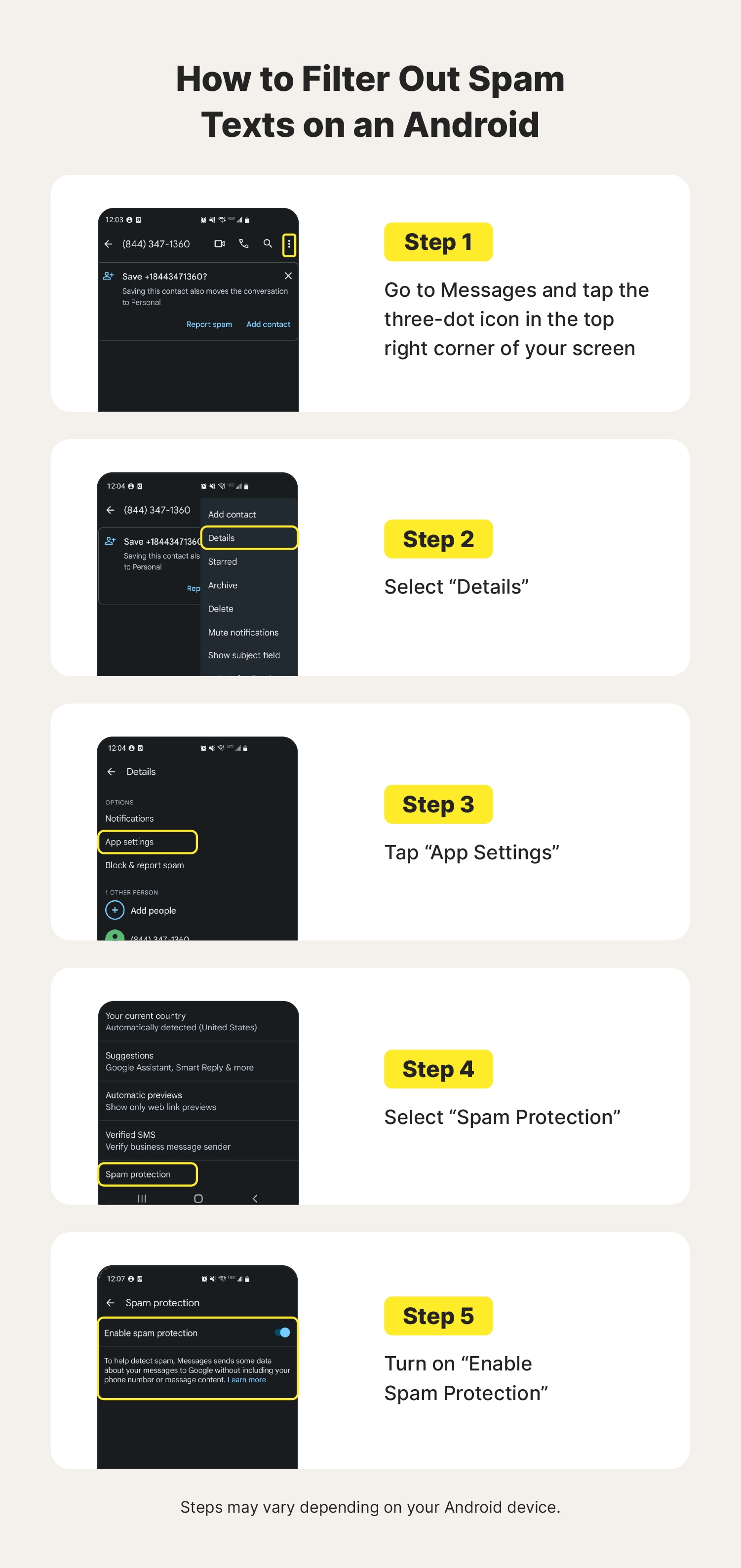 Step-by-step visual instructions on how to filter spam text messages on an Android device. 