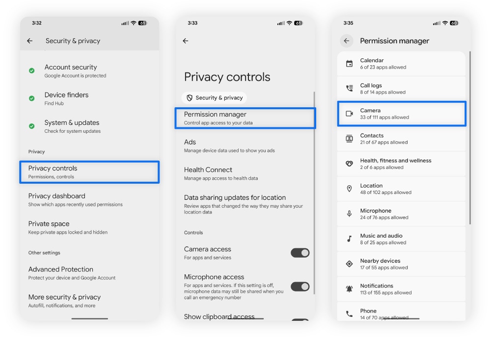 Screenshots showing how to check app permissions on Android devices.