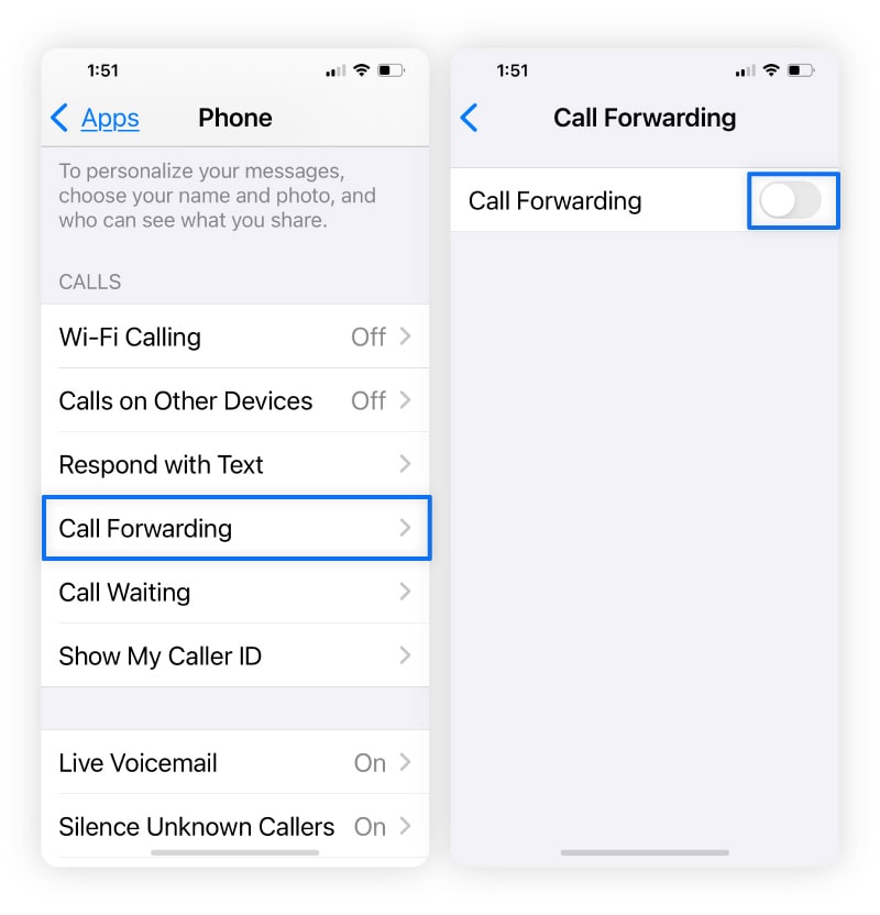 Screenshots showing how to disable call forwarding on iPhone.