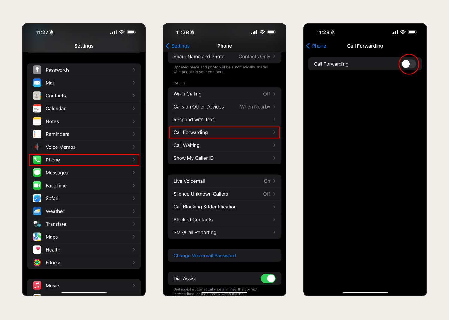 Multiple screenshots showing how to disable call forwarding on iPhone in iOS.