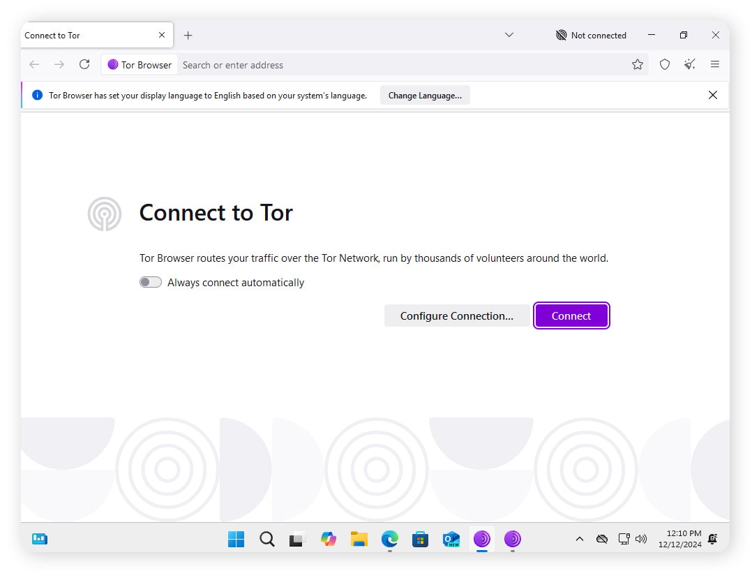 An image of the Tor Browser waiting to connect.