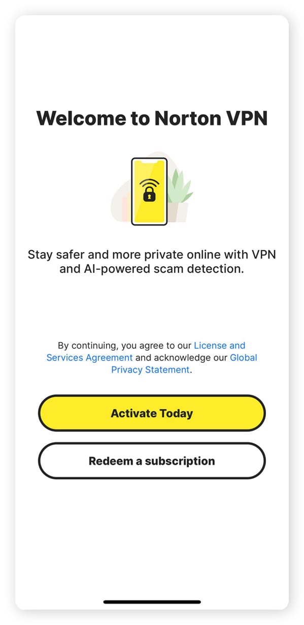 Screenshots showing how to set up the Norton VPN app on an iPhone.