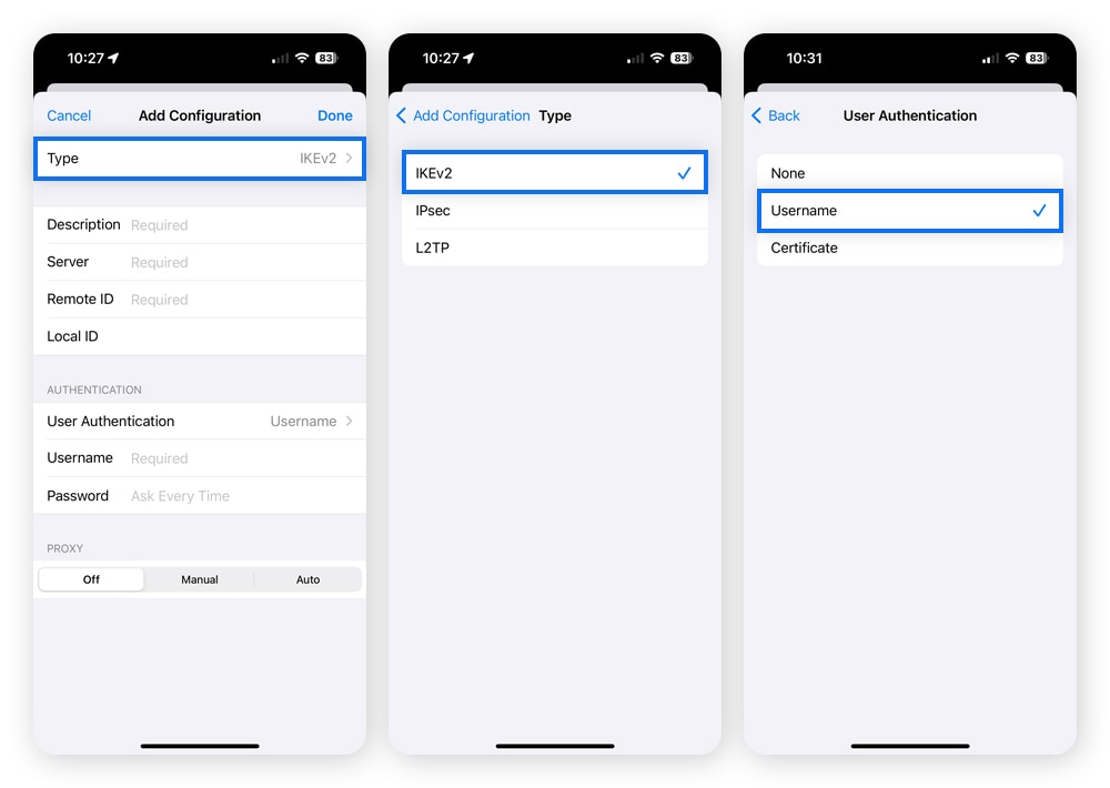 Screenshots showing how to set a VPN protocol and configure VPN settings on an iPhone. 