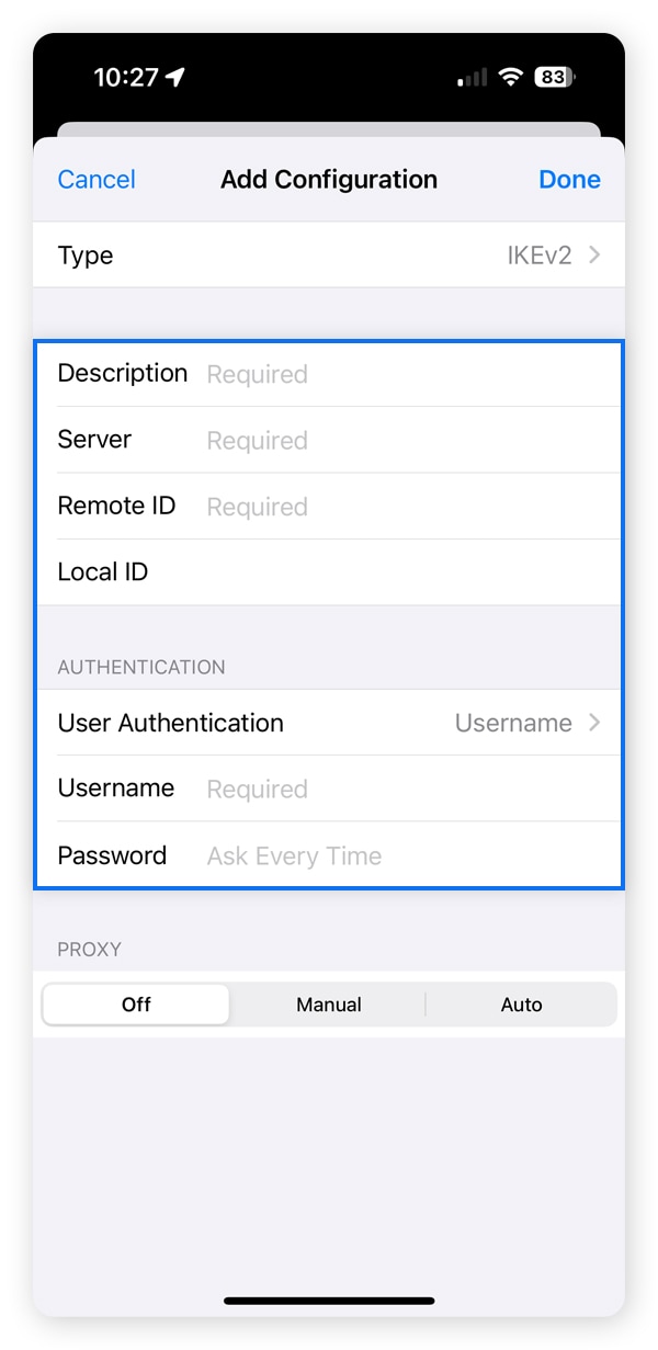 A screenshot showing how to finish configuring VPN settings on an iPhone.