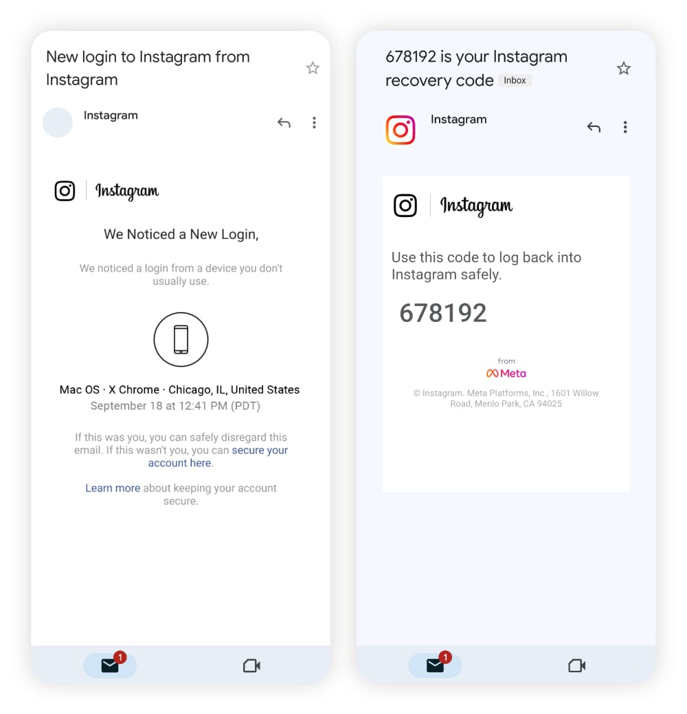 Screenshots of a new login email alert and a recovery code sent from Instagram.