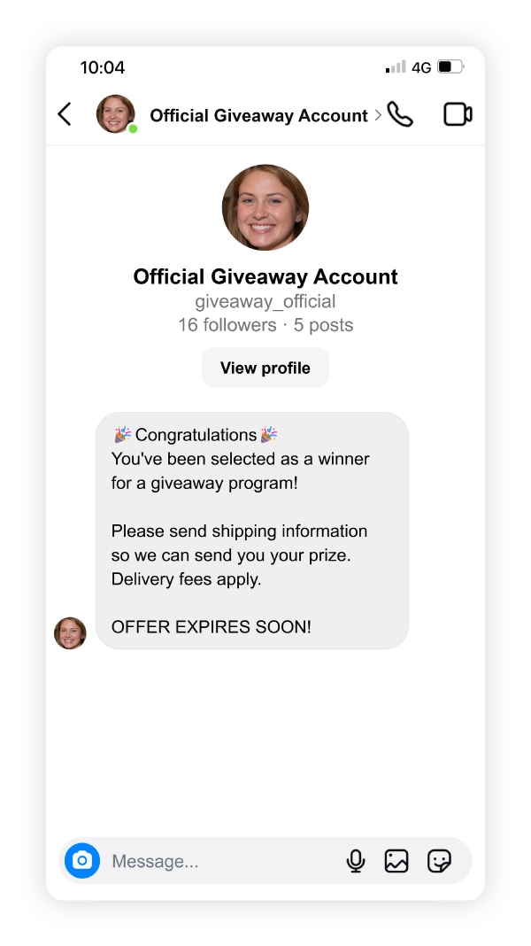Screenshot of an Instagram giveaway scam message.