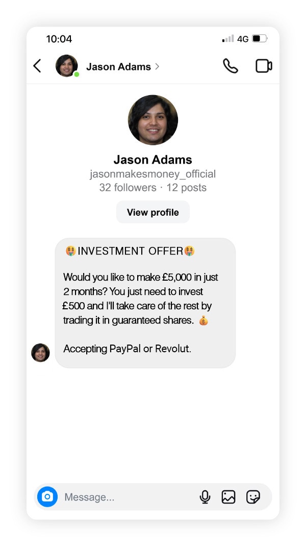 Screenshot of an Instagram investment scam message.