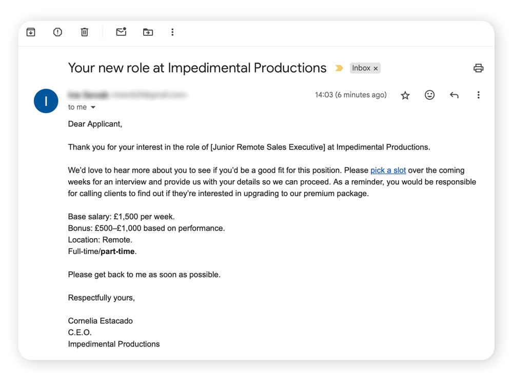 An email job scan containing a phishing link.